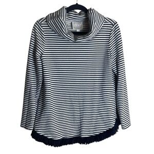 Sail to Sable Funnel Neck Pullover Sweatshirt Navy White Striped Fringe Medium